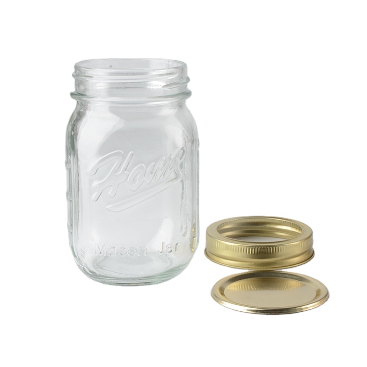 Wholesale 8 oz 16 oz 32 oz Empty Clear Glass Mason Jar Food Storage Glass Jar with Golden Color Two Pieces Canning Lids
