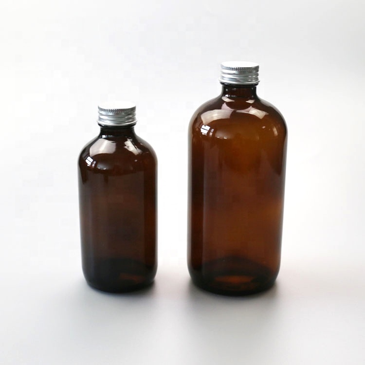 Wholesale  8 oz & 16 oz boston round amber glass bottle with Alu cap