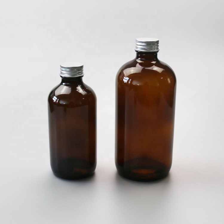 Wholesale 8 oz & 16 oz boston round amber glass bottle with Alu cap