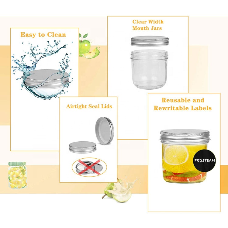 Wholesale 8 oz Wide Mouth Mason Jar For food canning storage with Silver Metal Airtight Lids
