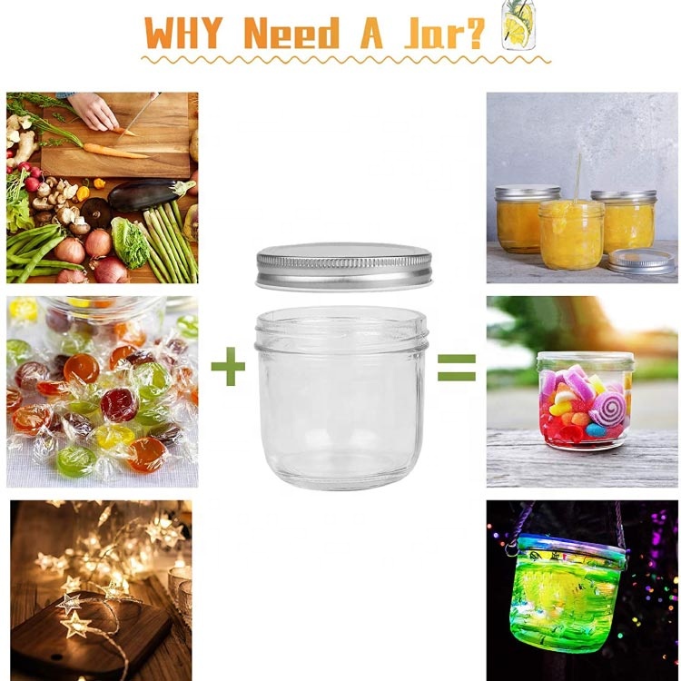 Wholesale 8 oz Wide Mouth Mason Jar For food canning storage with Silver Metal Airtight Lids