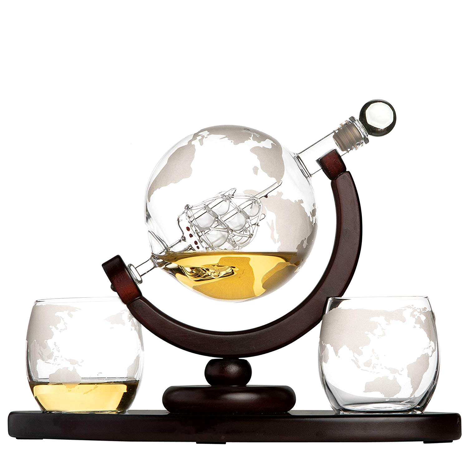 Wholesale 850ML Whiskey Globe Decanter With Wood Base Handmade Liquor Glass Decanter with 2 cups