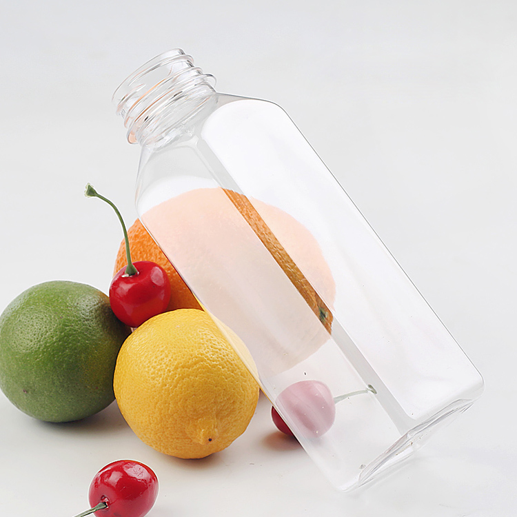 Wholesale 8oz 12oz 16oz Clear Food Grade PET Square Beverage Plastic Juice and Water Bottle with Cap