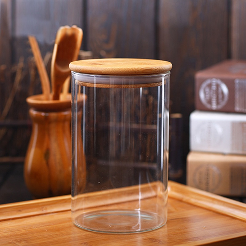 Wholesale Airtight Storage High Borosilicate Cylinder Containers Tea Bamboo Lid Glass Jar For Kitchen