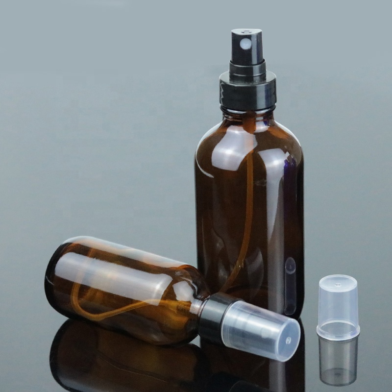 Wholesale Amber 4oz 120ml Cosmetic Glass Boston Round Bottle With Plastic Spray (BRS14)