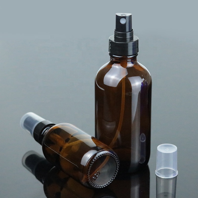 Wholesale Amber 4oz 120ml Cosmetic Glass Boston Round Bottle With Plastic Spray (BRS14)