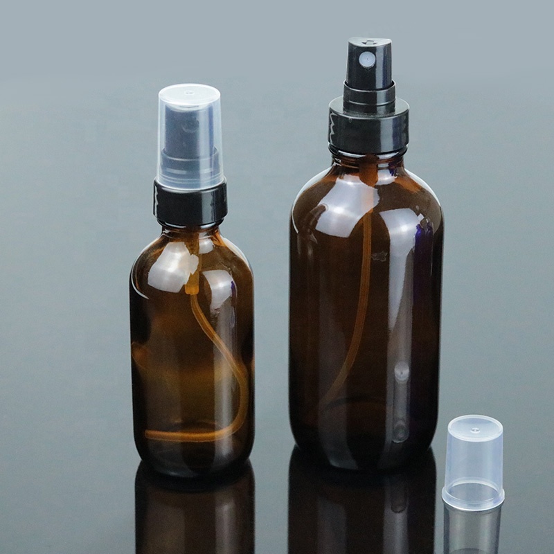 Wholesale Amber 4oz 120ml Cosmetic Glass Boston Round Bottle With Plastic Spray (BRS14)
