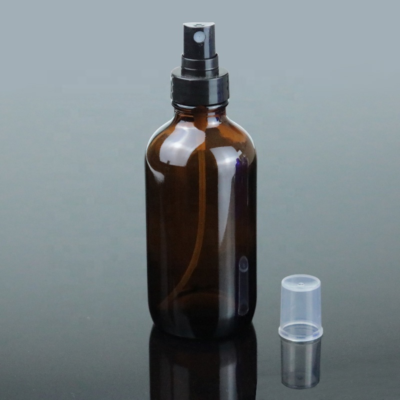 Wholesale Amber 4oz 120ml Cosmetic Glass Boston Round Bottle With Plastic Spray (BRS14)