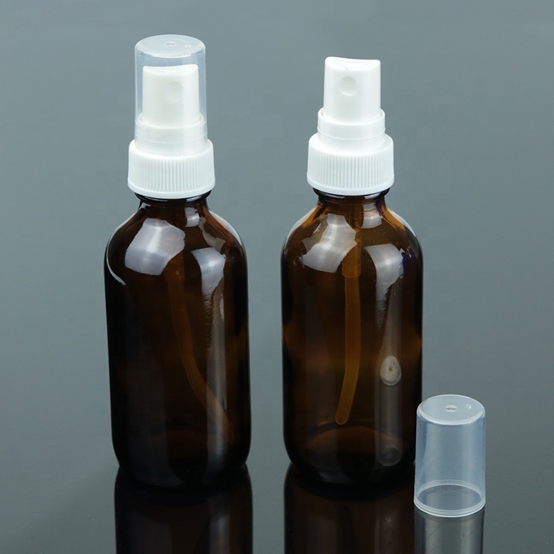 Wholesale Amber 4oz 120ml Cosmetic Glass Boston Round Bottle With Plastic Spray (BRS14)
