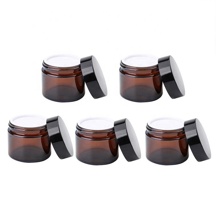 Wholesale Amber Glass Straight Sided cosmetic containers Jars with black lid