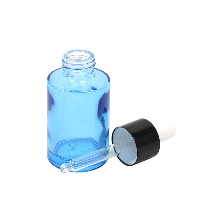 Wholesale Blue Glass 30ml Cosmetic Dropper Bottle With Shine Or Matt Silver Lid