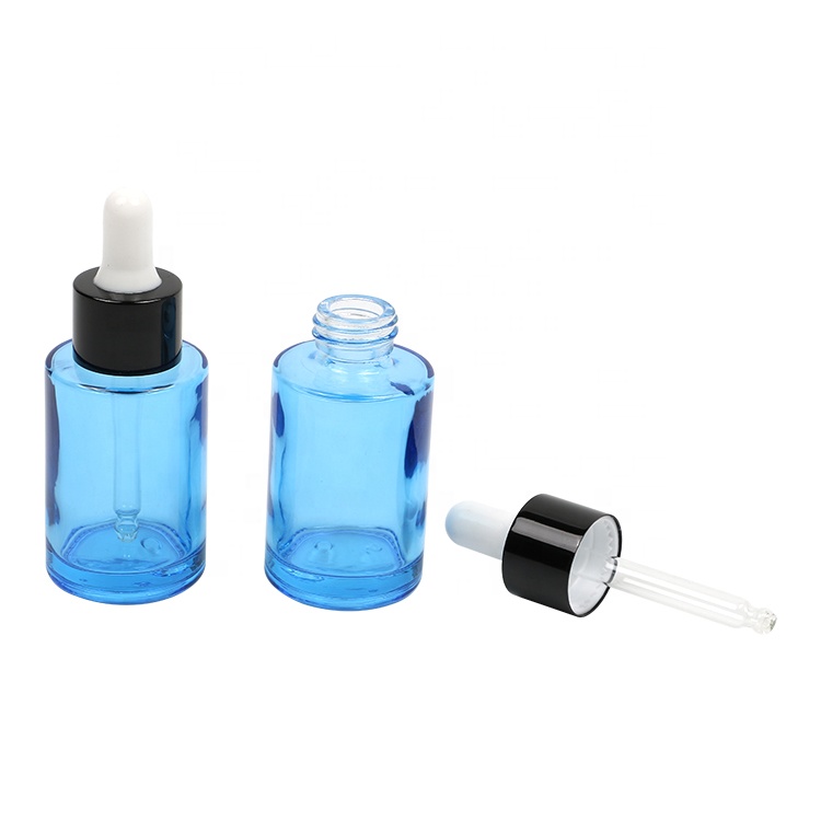 Wholesale Blue Glass 30ml Cosmetic Dropper Bottle With Shine Or Matt Silver Lid