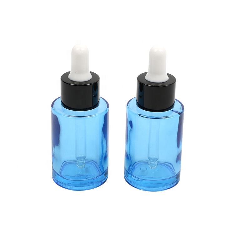 Wholesale Blue Glass 30ml Cosmetic Dropper Bottle With Shine Or Matt Silver Lid