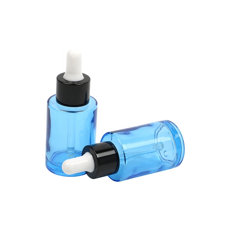 Wholesale Blue Glass 30ml Cosmetic Dropper Bottle With Shine Or Matt Silver Lid