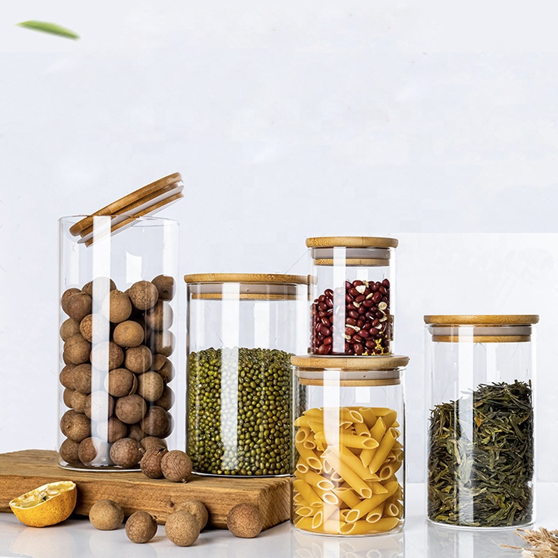 Wholesale Borosilicate Bamboo Lid Airtight Food Grade Modern Spice Stash Kitchen Glass Jars Storage