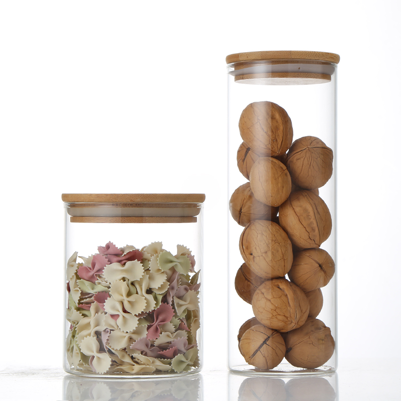 Wholesale Borosilicate Glass Storage Jar For Sweets Biscuits With Airtight Bamboo Lids