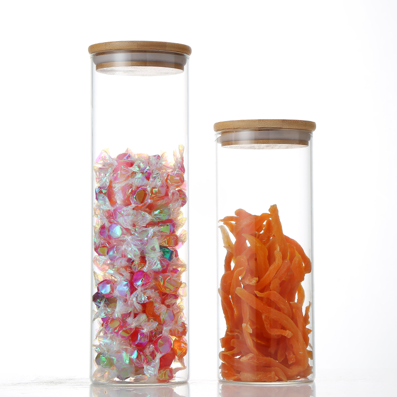 Wholesale Borosilicate Glass Storage Jar For Sweets Biscuits With Airtight Bamboo Lids