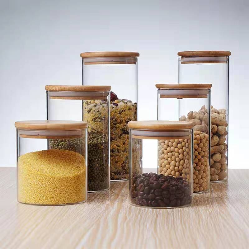 Wholesale Borosilicate Glass Storage Jar Wooden Top Food Storage Bottle Candy Jar With Wooden Lid