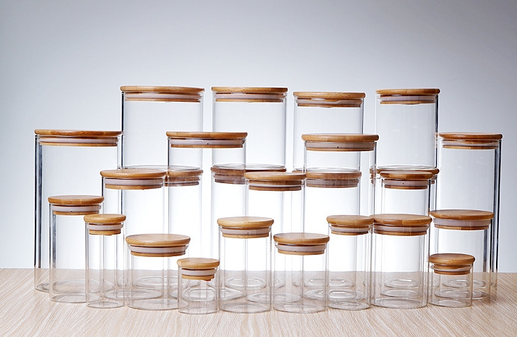 Wholesale Borosilicate Glass Storage Jar Wooden Top Food Storage Bottle Candy Jar With Wooden Lid