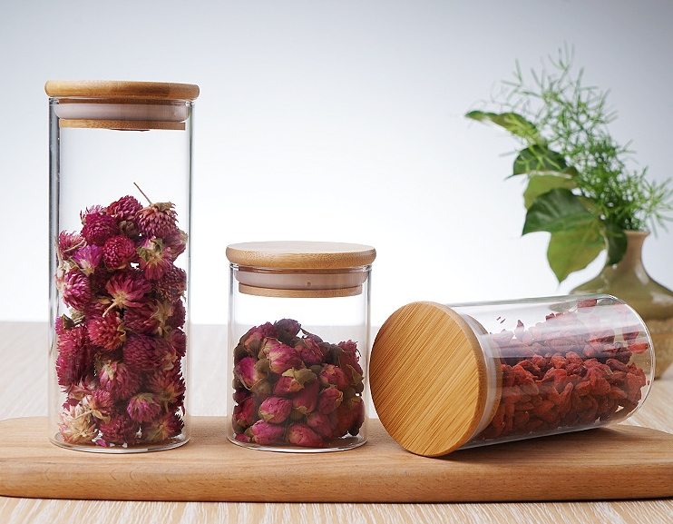 Wholesale Borosilicate Glass Storage Jar Wooden Top Food Storage Bottle Candy Jar With Wooden Lid