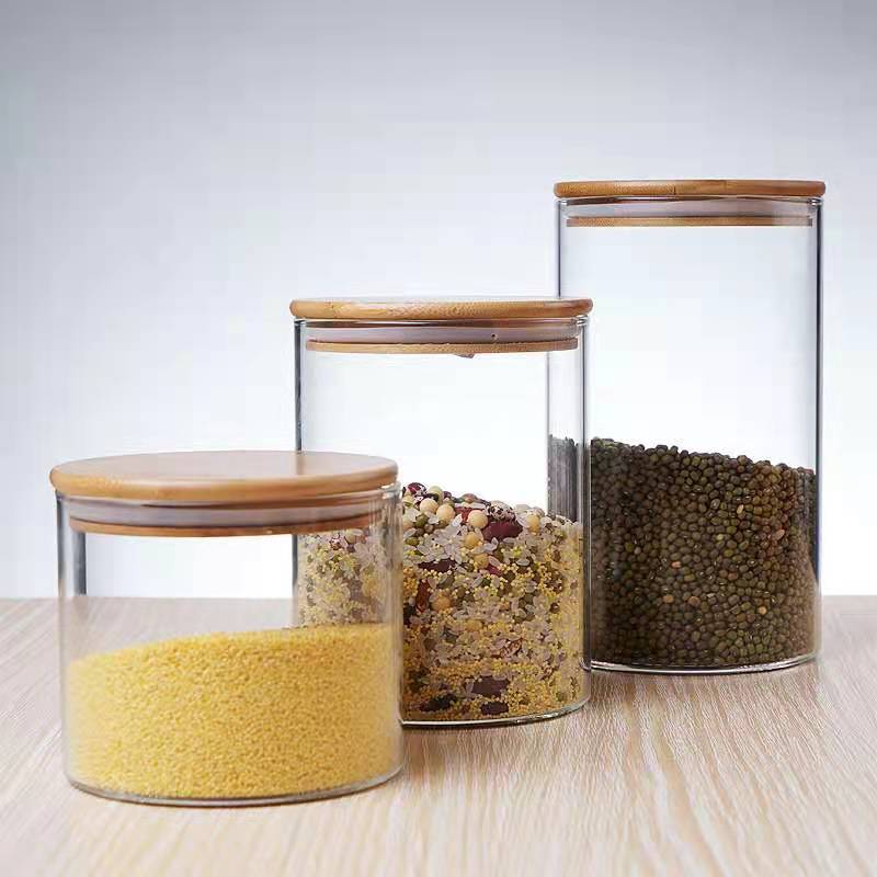 Wholesale Borosilicate Glass Storage Jar Wooden Top Food Storage Bottle Candy Jar With Wooden Lid