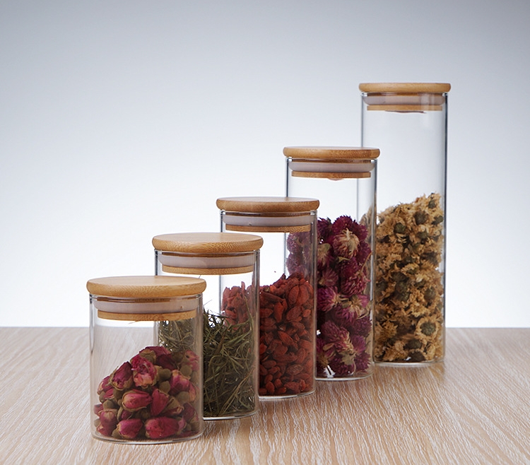 Wholesale Borosilicate Glass Storage Jar Wooden Top Food Storage Bottle Candy Jar With Wooden Lid