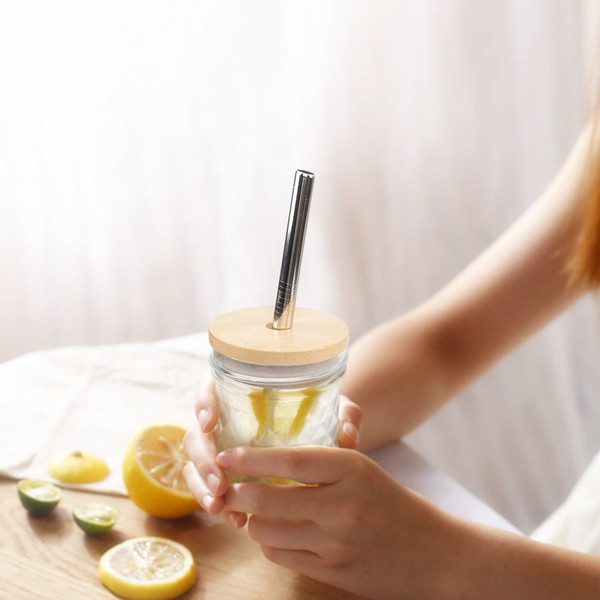 Wholesale Bulk Glass milk 450ml  Mason Jar with Bubble Tea Bamboo Lid and Straw
