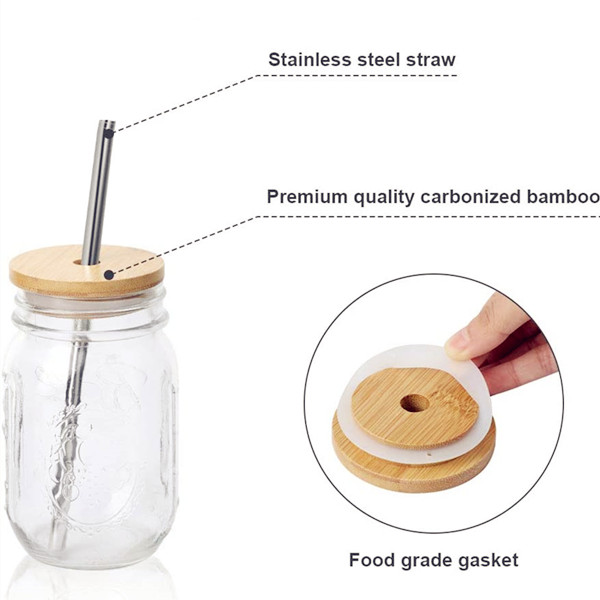Wholesale Bulk Glass milk 450ml Mason Jar with Bubble Tea Bamboo Lid and Straw