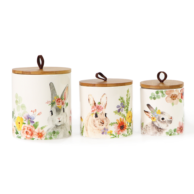Wholesale Ceramic Bunny Kitchen Canister Jar Sets with Wood Lid