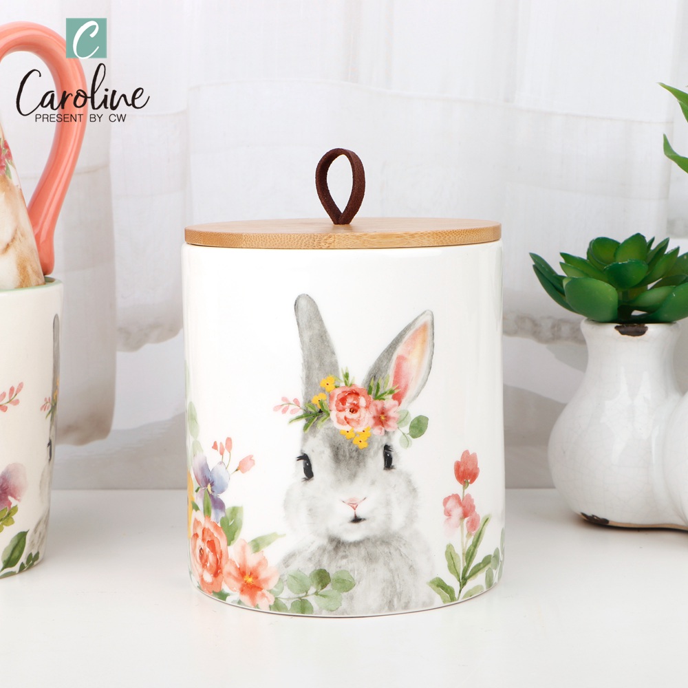 Wholesale Ceramic Bunny Kitchen Canister Jar Sets with Wood Lid