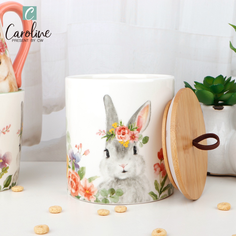 Wholesale Ceramic Bunny Kitchen Canister Jar Sets with Wood Lid