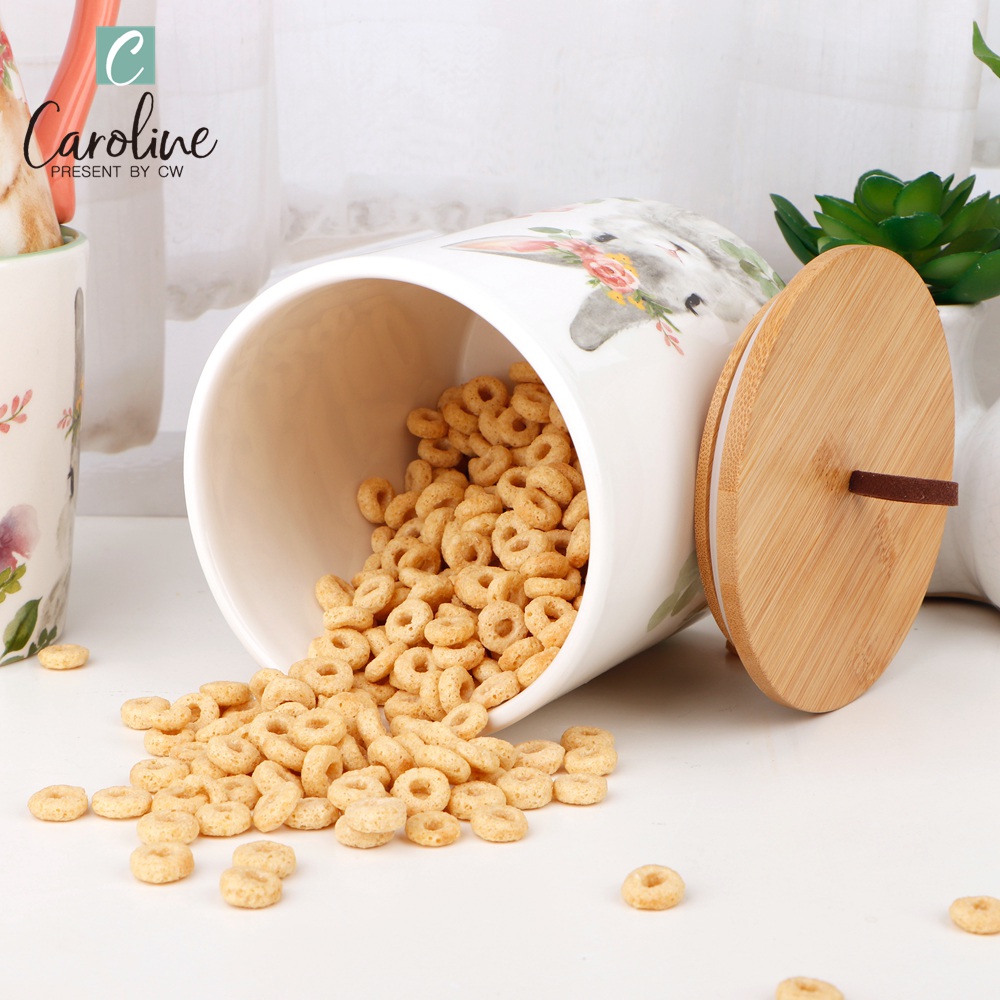 Wholesale Ceramic Bunny Kitchen Canister Jar Sets with Wood Lid