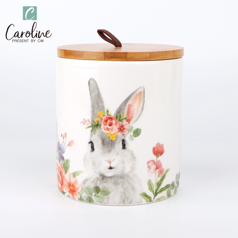 Wholesale Ceramic Bunny Kitchen Canister Jar Sets with Wood Lid