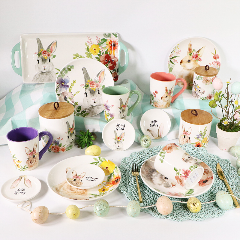 Wholesale Ceramic Bunny Kitchen Canister Jar Sets with Wood Lid