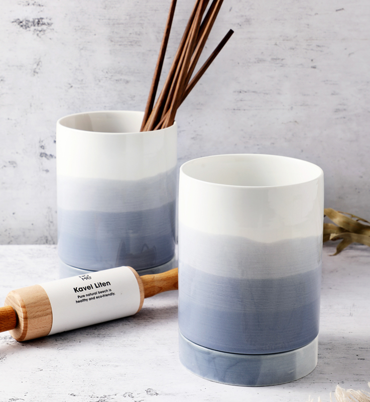 Wholesale Ceramic Storage Holder Round Shape Pot With Plate for Store Cooking Tools Utensil Flatware Kitchen Accessories Jar