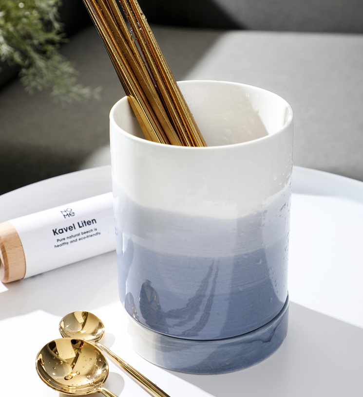 Wholesale Ceramic Storage Holder Round Shape Pot With Plate for Store Cooking Tools Utensil Flatware Kitchen Accessories Jar
