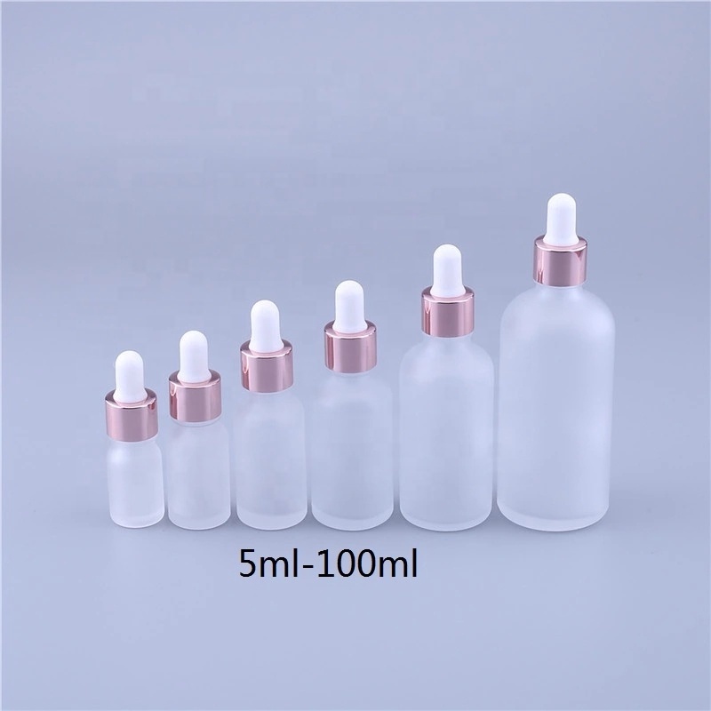 Wholesale Cheap Cosmetic Rose Gold Empty Essential Oil Clear Glass Bottles 15ml 20ml 30ml 50ml Face Serum Frosted Dropper Bottle