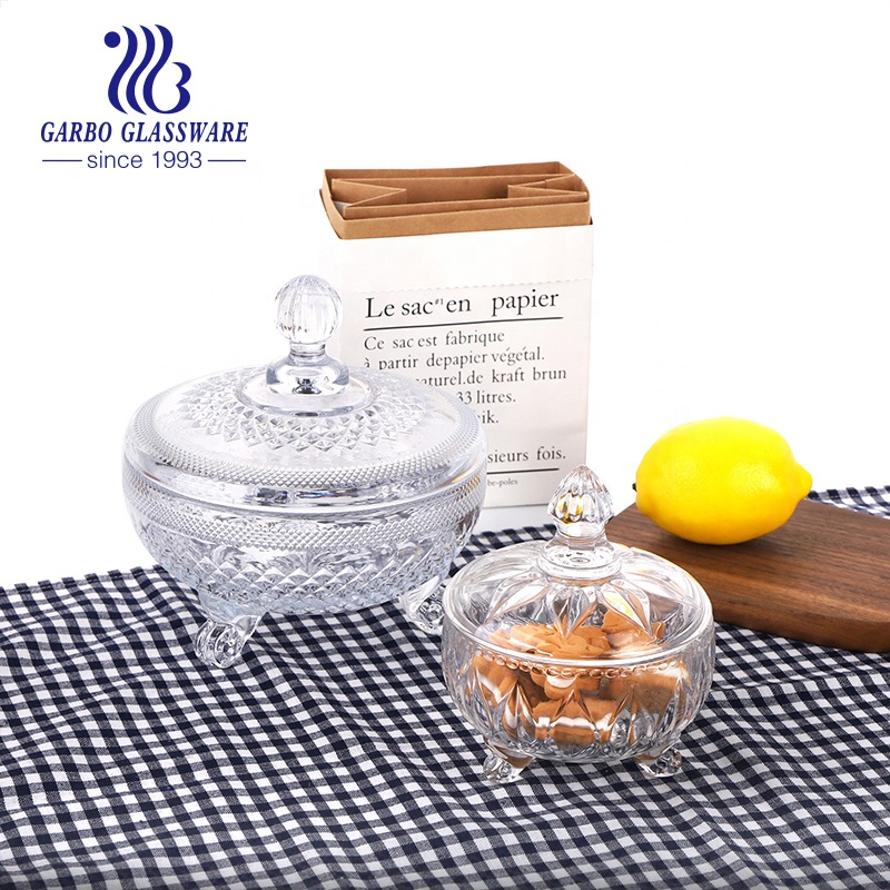 Wholesale Classical Engraved Pattern Glass Candy Pot Glass Dessert Cookie Jar with Crystal Glass Lid with Wholesale Price