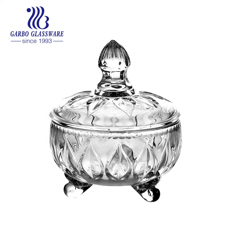 Wholesale Classical Engraved Pattern Glass Candy Pot Glass Dessert Cookie Jar with Crystal Glass Lid with Wholesale Price