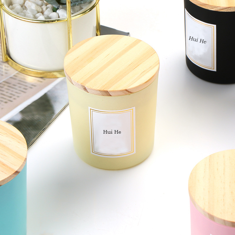 Wholesale Clear And Black Frosted Empty Wide Mouth Container Glass Candle Jars With Wood Lids In Bulk