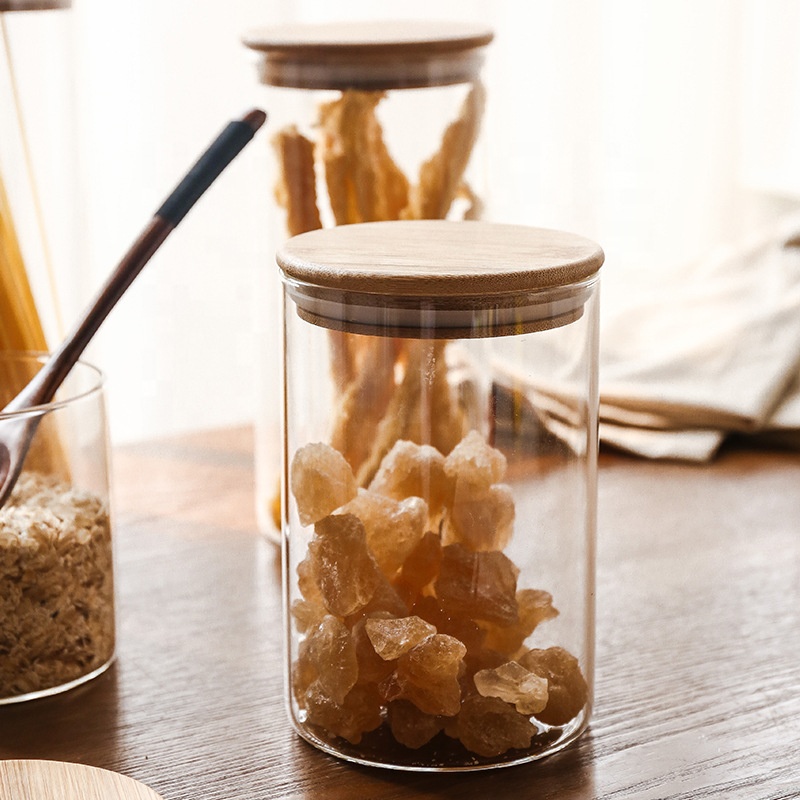 Wholesale Clear Borosilicate Bamboo Lid Food Grade Kitchen Airtight Cylinder Tube Food Storage Glass Jar