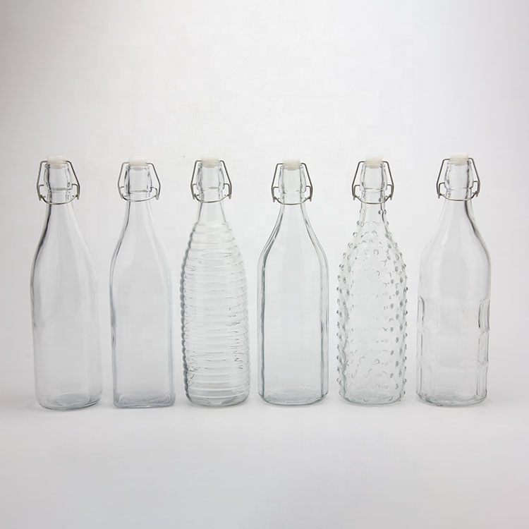 Wholesale Clear Ripple Various Specifications Classic Swing Top Glass Bottle 1L with  S/S Clip for Milk Juice