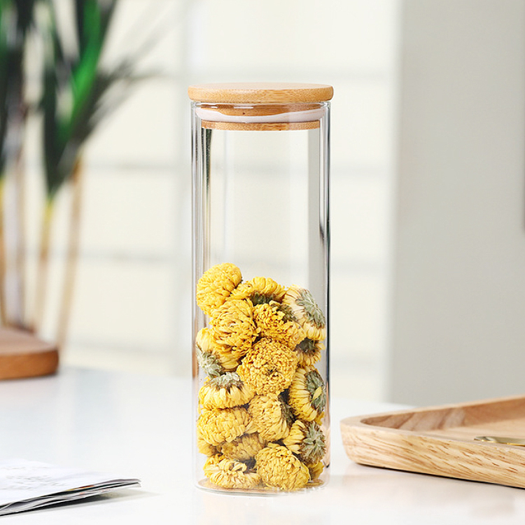 Wholesale Clear Spice Coffee Cookie Airtight Storage Kitchen Borosilicate Glass Jar Bamboo Lid