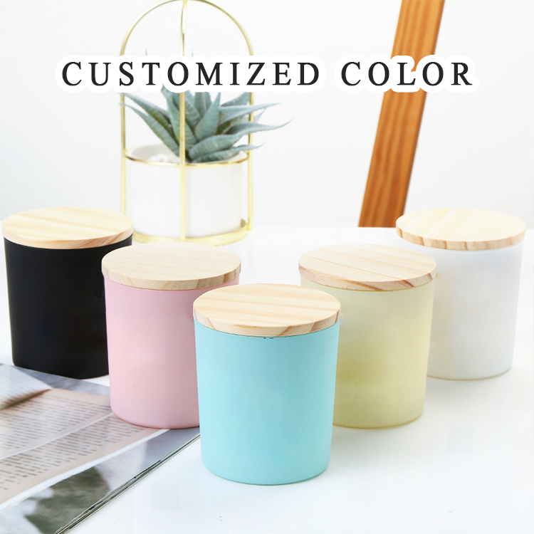 Wholesale Color Frosted Glass Candle Jars With Wooden Lid