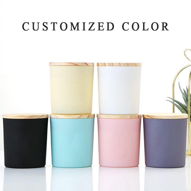 Wholesale Color Frosted Glass Candle Jars With Wooden Lid