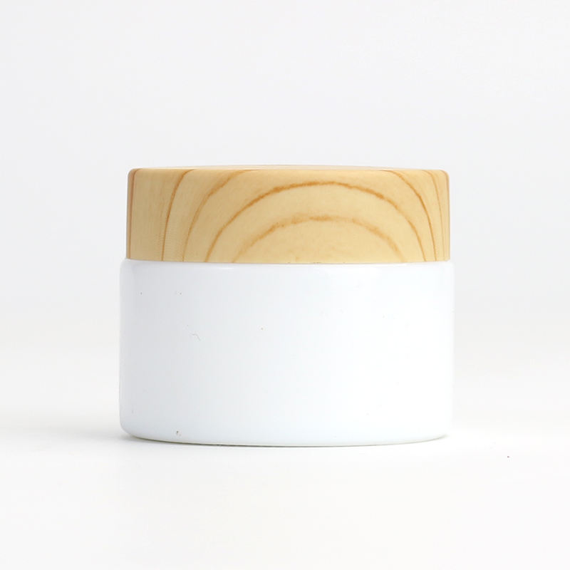 Wholesale Cosmetic 1oz 2oz white glass jar bamboo wood grain plastic lid with plastic inner