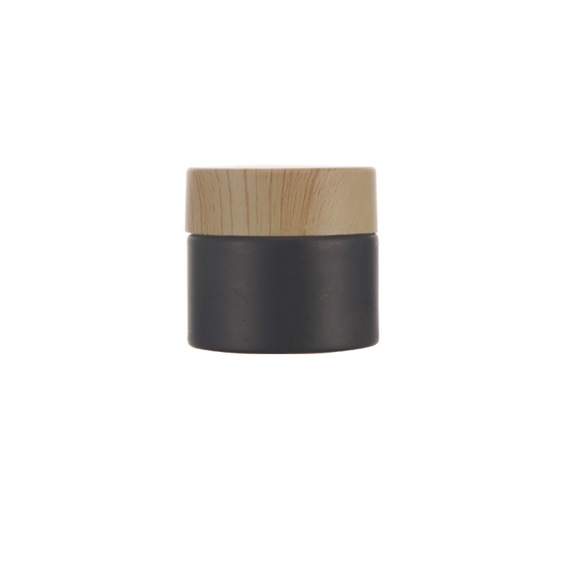 Wholesale Cosmetic Containers Black Colour Glass Cream Jar with Wood Grain Plastic Cover