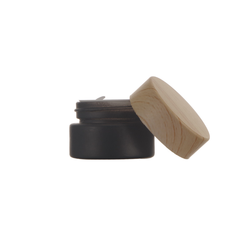 Wholesale Cosmetic Containers Black Colour Glass Cream Jar with Wood Grain Plastic Cover