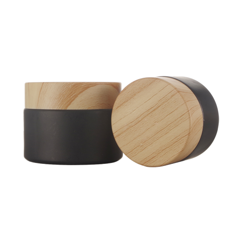 Wholesale Cosmetic Containers Black Colour Glass Cream Jar with Wood Grain Plastic Cover