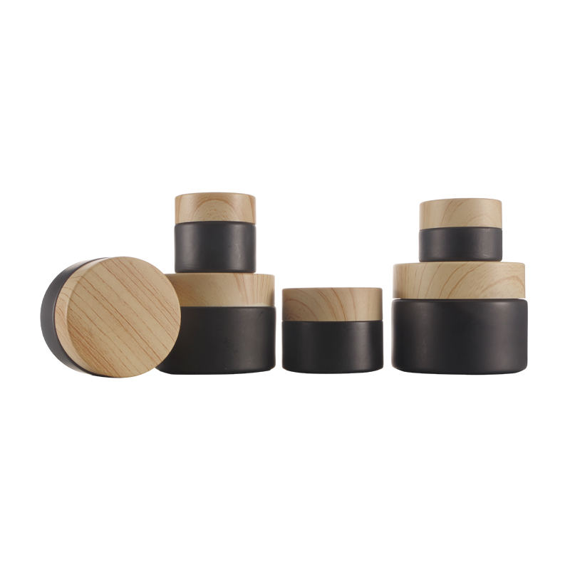 Wholesale Cosmetic Containers Black Colour Glass Cream Jar with Wood Grain Plastic Cover